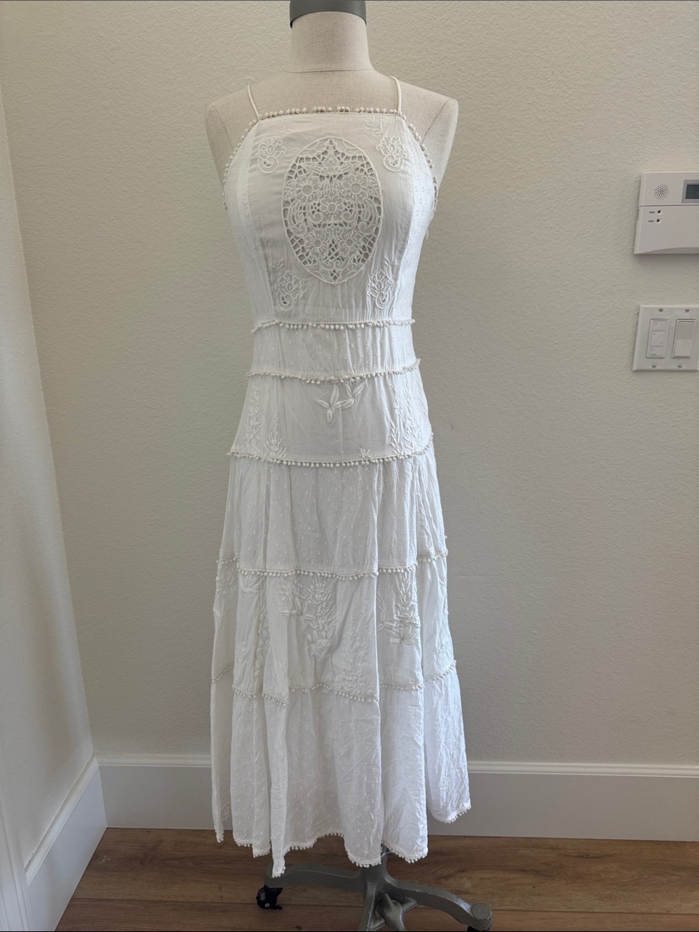 Meadow Rue by Anthropologie White Tiered Crochet and Embroidered Maxi Dress